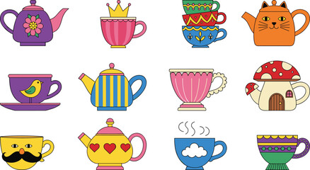 Cute colorful teacups and teapots collection illustration featuring whimsical cartoon designs, playful patterns, decorative mugs, and fantasy tea sets for kitchen decor and creative projects