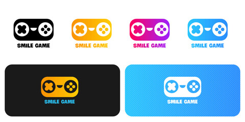 Creative Smile Game logo collection featuring a minimalist gamepad with a smiling face design. Includes vibrant gradient icons on white, black, and blue backgrounds for gaming apps © zmiter