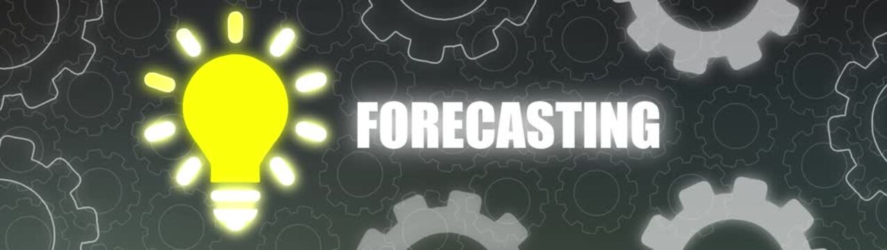 Bright Yellow Light Bulb Shines Next to the Word Forecasting on a Dark Background with Gears prediction