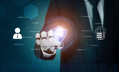 Fototapeta premium AI improves VPN by monitoring traffic, detecting risks, encrypting sessions, and optimizing routing to ensure private, secure, and efficient network access. Vouch