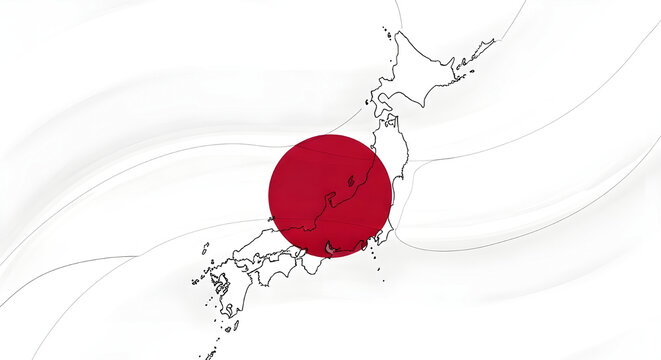 Map of japan overlaid on the japanese national flag, hinomaru, with flowing white fabric effect