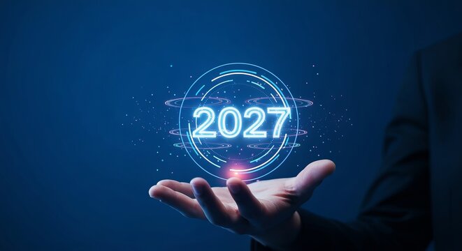 Futuristic 2027 Innovation Display with Hologram Rings Presentation and Digital Advancement Concept