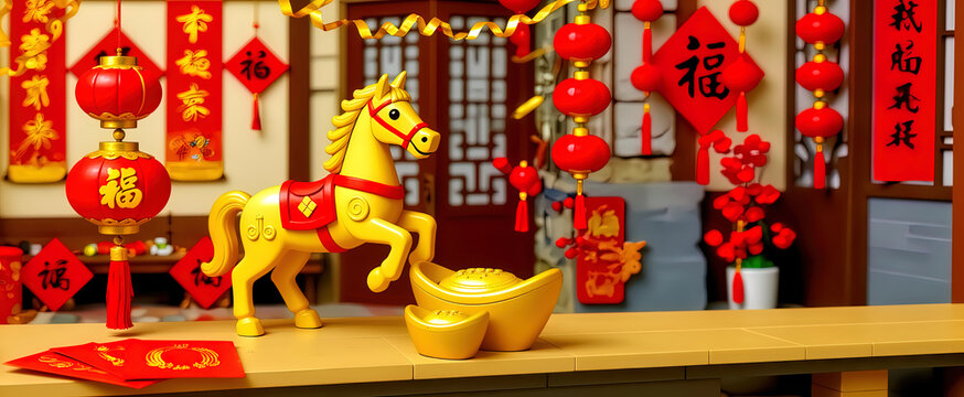 Golden horse statue and Chinese New Year decorations in cute 3D toy style, red lanterns, angpao and gold ingots on table with copy space for banner.