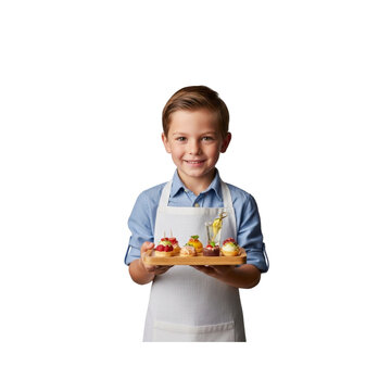 Boy in apron holding a tray of appetizers