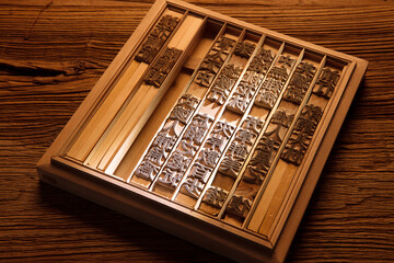 Vintage Wooden Typeset Case with Carved Relief Type Blocks