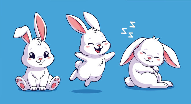 Cute cartoon white rabbits set posing sleeping jumping and sitting vector
