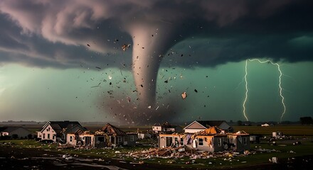Massive destructive funnel cloud strikes residential area beneath stormy, lightning-filled sky