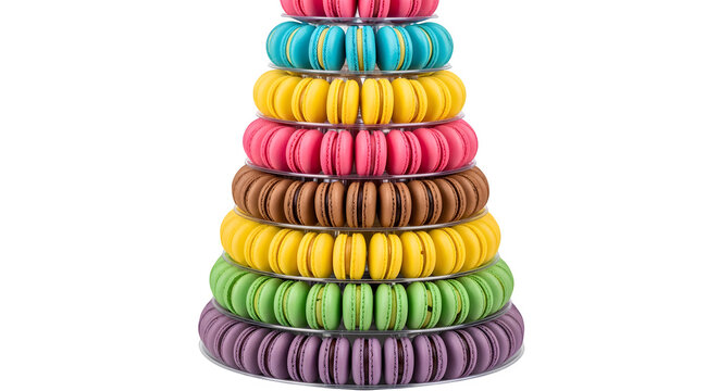 Colorful French macaron tower arranged in tiers against a white background