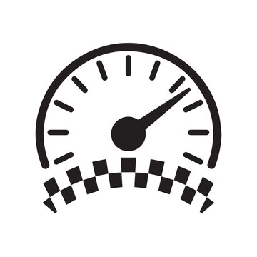 Speedometer with a pointed needle and a checkered flag motif along its base, symbolizing quick taxi service and fast delivery