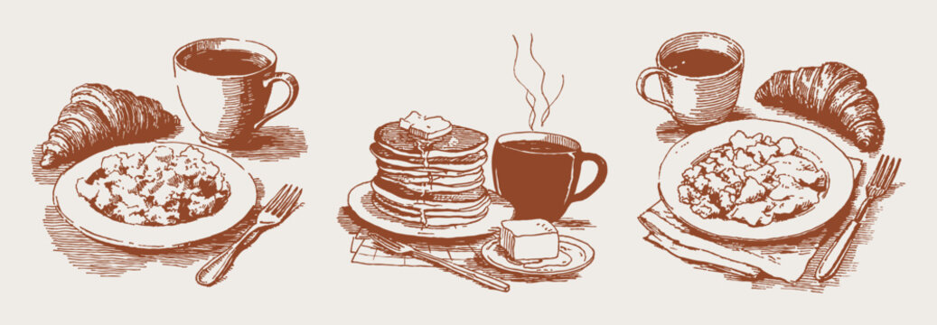 Coffee croissant eggs pancakes butter breakfast set. Hand drawn crayon vintage sketch drawing line art. Cozy morning plates with hot drinks, homemade brunch food.