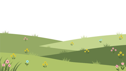 Illustration of a serene green landscape with colorful flowers scattered across rolling hills and a white background.