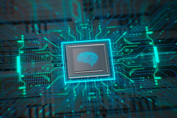 Glowing blue circuit board shaped like a human brain with AI chip at the center. Futuristic concept of artificial intelligence, machine learning, and digital neural networks.