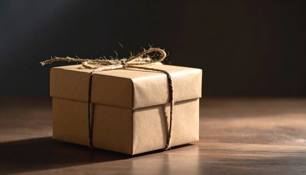 A Simple Cardboard Gift Box Tied with a Rustic String Against a Dark Background