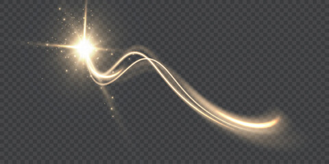 Golden magic light wave trail with bright star flare and sparkling dust on transparent background. Perfect for fairy tale designs, fantasy posters, logo reveals, luxury product highlights © Alesya