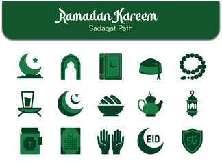Collection of sixteen green monochromatic icons representing essential spiritual symbols and objects associated with the Islamic holy month of Ramadan Kareem and charitable giving sadaqat.