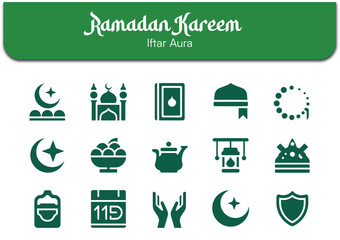 Collection of green glyph icons representing various essential symbols and traditions associated with the holy month of Ramadan Kareem and Iftar observance.