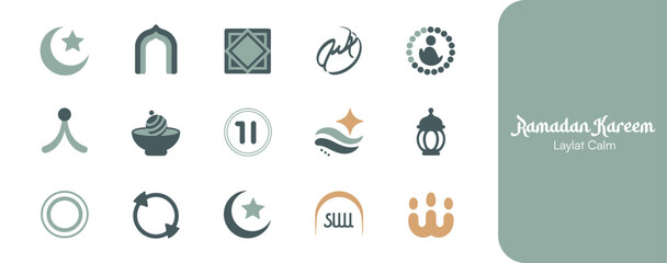 Collection of elegant muted color flat icon set representing various essential elements and symbols related to the holy observance of Ramadan Kareem celebrations.