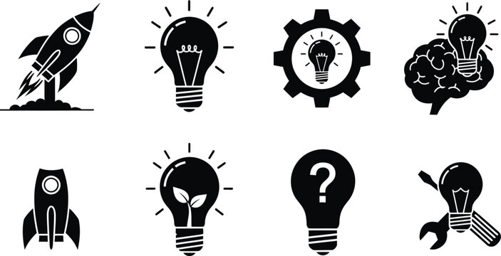Icon set black and white illustrations of rocket light bulb gear idea question and tool symbols for business and creative concepts