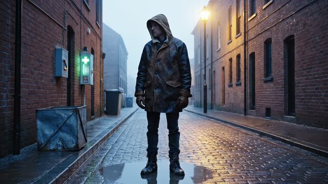 Mysterious man stands in dark city alley during night. This lonely man waits in shadows of the dark alley. A sense of mystery hangs in air this cold night. This strange man is a figure of urban