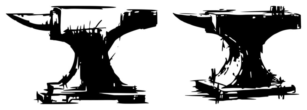 Heavy iron blacksmith anvil silhouette set in grunge style