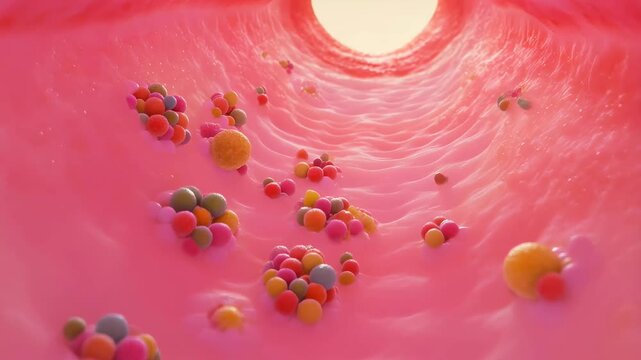 Colorful abstract representation of particles flowing through a biological structure. Visualizing cellular processes and the dynamics of life at a microscopic level