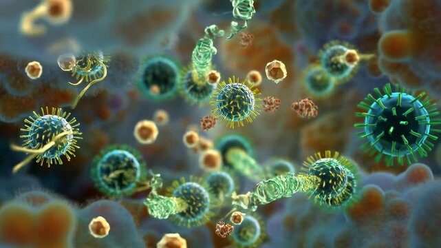 Colorful microscopic view of bacteria and viruses in motion. Visual representation of microbial life and its significance in health and disease