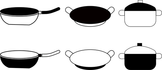 An isolated set of black teflon cups and saucers sits next to a white metal frying pan and a steel saucepan kitchenware utensil object