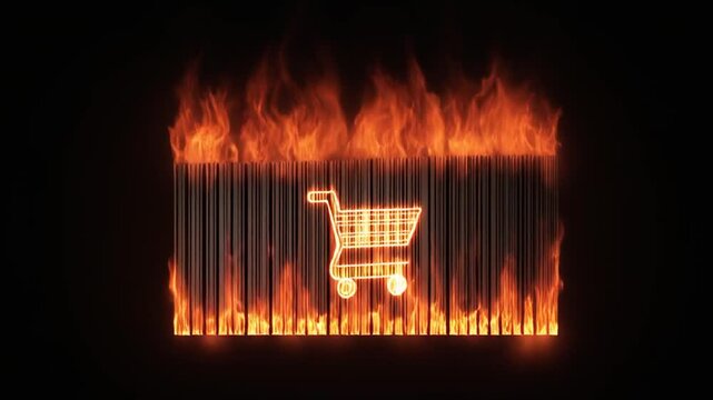 Glowing cart outline on a barcode background, ablaze with flames against a dark backdrop