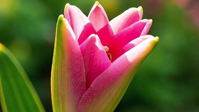 Close-up of a pink lily flower bud about to bloom surrounded by green leaves and blurred garden background