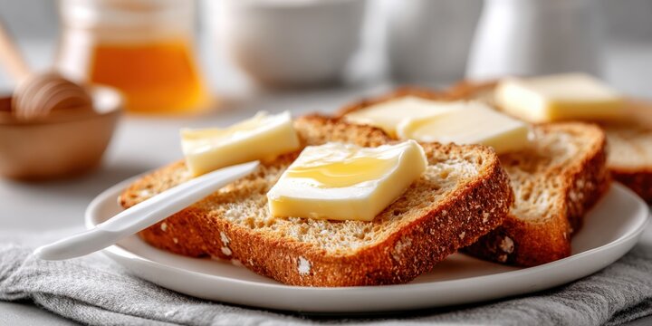 Enjoying butter on toast for breakfast at a kitchen table