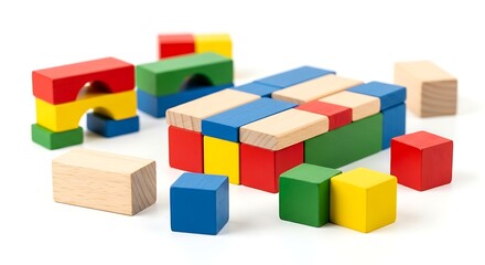 Multicolored wooden building blocks on a white background. Education toy for kid. Concept of childhood, play, learning, development.