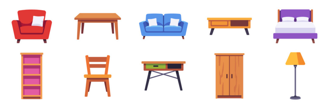 Set of furniture and home decor icons, sofa, armchair, bed, wardrobe, desk, tables, chair, bookshelf, floor lamp, colorful vector flat illustrations
