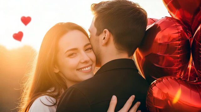 Caucasian woman smiling as man kisses her cheek with red heart balloons and floating heart animation for St. Valentine&rsquo;s Day