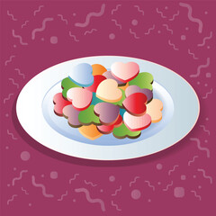 Colorful sweet treats on a plate, Valentine's Day candy hearts menu illustration