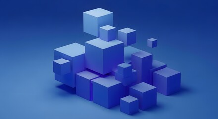 Obraz premium Abstract composition of various sized blue cubes stacked together on a matching solid blue background