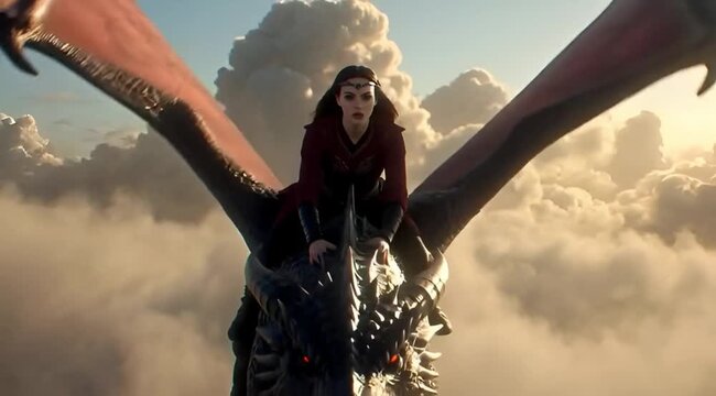 Female fantasy warrior riding a fire-breathing dragon flying above the clouds