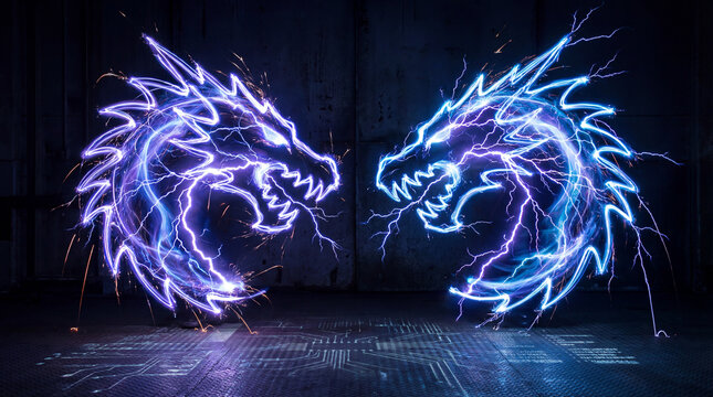 Two luminous electric dragons composed of blue and purple lightning face off in a dark, atmospheric setting.