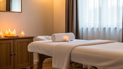 Serene spa massage room with candles and white linens