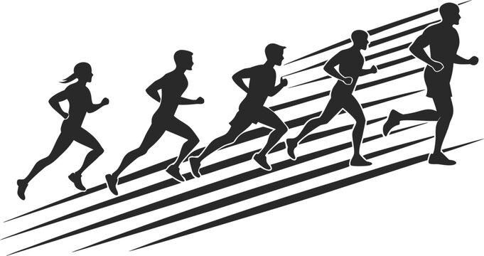 Silhouettes of five runners in motion on diagonal lines