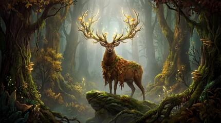 Majestic stag with mossy antlers adorned with glowing mushrooms in an enchanted forest