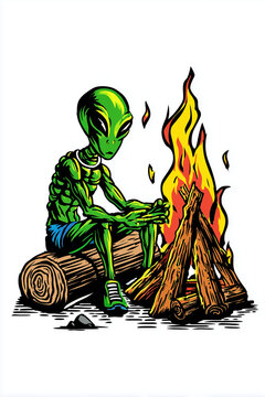 pop art cartoon of an alien sitting by a campfire, isolated, white background