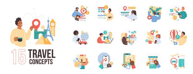 Obraz premium Collection of tourists preparing vacations, booking hotels, buying tickets, searching routes, and organizing travel logistics, isolated on white background vector illustration