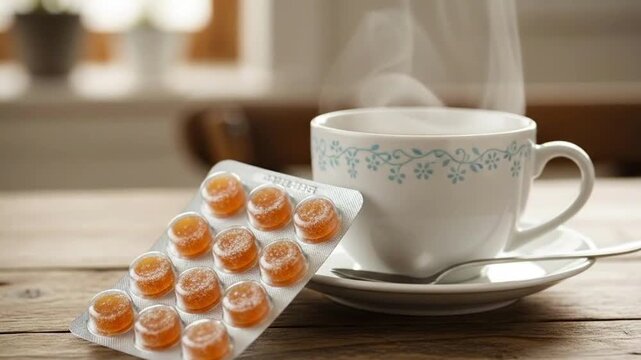 Throat lozenges beside steaming cup of herbal tea on wooden table. Throat lozenges in clear packaging indicate relief from cold symptoms while warm drink enhances comfort.