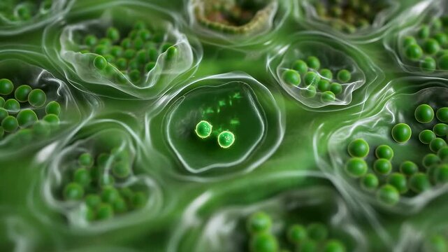 Microscopic view of green cells dividing and interacting in a vibrant ecosystem. Represents the foundation of life and biological processes