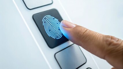 A finger pressing a fingerprint scanner on a device, highlighting biometric security and identity verification technology.