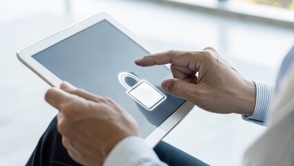 Person using a tablet displaying a digital padlock icon, symbolizing cybersecurity or data protection on a touchscreen device.