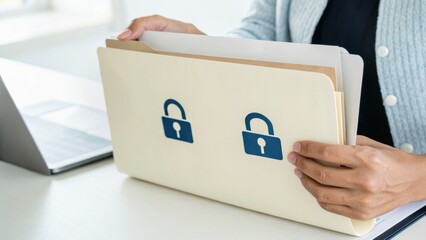 Person holding a folder with lock icons symbolizing data protection and privacy, next to a laptop on a white desk in a bright office setting.