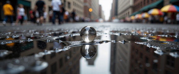Water droplet reflecting cityscape on wet street after rain, Blue Monday  