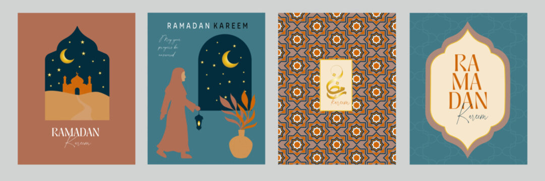 Ramadan Greeting Card Designs &ndash; A collection of creative and elegant Ramadan cards featuring crescent moons, stars, arabesque patterns, and Islamic calligraphy. Perfect for sending blessings and warm
