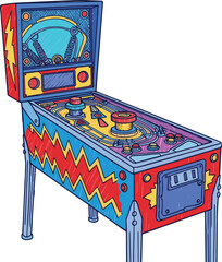 Vintage Retro Pinball Machine Illustration with Arcade Style Lightning Graphics for Gaming Entertainment Nostalgia and 1980s Theme Graphic Designs © Kulsum